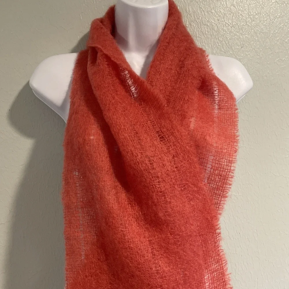 NWT AVOCA HANDWEAVERS Ireland Mohair Wool Tassle Fringe MUFFLER SCARF Coral 75x9